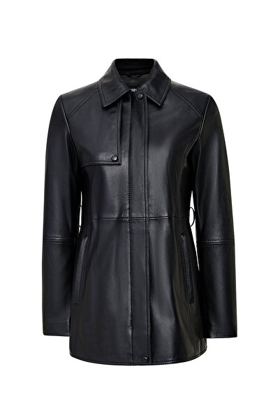 Derimod Cordelia Women's Black Belt Detailed Shirt Collar Leather Coat 25Wgd5623U6