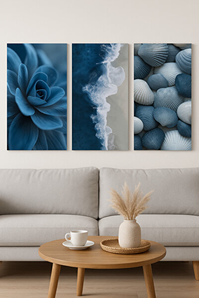 Home Tablo 3'lü Mavi Temalı Bohem Tablo Seti Çiçek Deniz Sahil Deniz Kabuğu T...