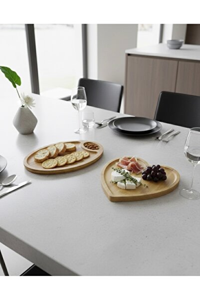 Tutku 2'Li Ahşap Bambu Oval Kalp Tabak-Sunumluk