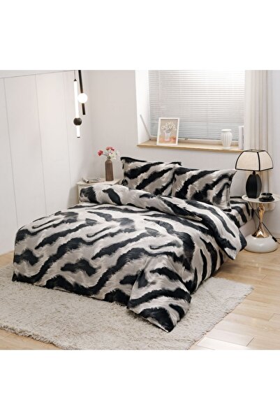 Lenjeria Familiei Tale Cocolino 4-piece double bed linen set with elasticated sheet – Animal print pattern Cream-Black
