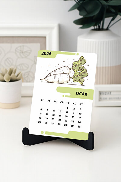 Grafiklas 2026 Ahşap Ayaklı Sebze Motifli A6 Masa Takvimi, Pastel Tonlarda Dekoratif Yeni Yıl Takvimi