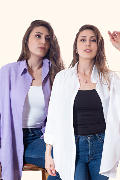 Justime Women's Oversized Cotton Linen Lilac - White Shirt