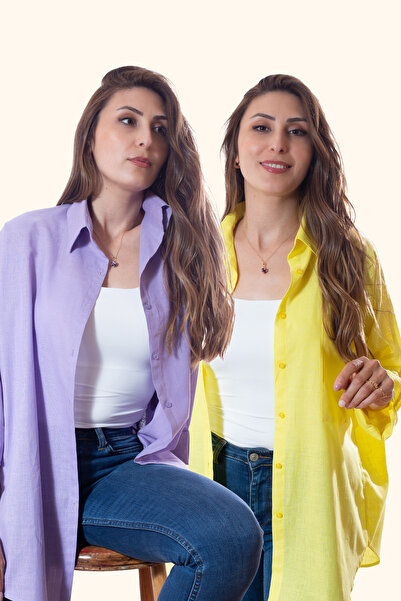 Justime قميص نسائي قصة فضفاضة من القطن والكتان أرجواني - أصفر