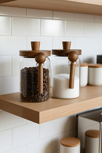 Paşabahçe 2'li Akasya Kapaklı Kaşıklı Vakumlu Cam Kavanoz Seti-Mutfak Düzenleyici Set (700ml)