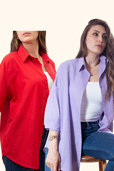 Justime قميص نسائي قصة فضفاضة من القطن والكتان أرجواني - أحمر