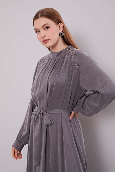 Levidor Anthracite shoulder flower detailed cupra dress