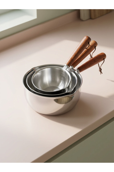 Ulus Home 304 Paslanmaz Çelik Akasya Saplı 3 Lü Sütlük/Sosluk Seti 150ml 300ml 500ml