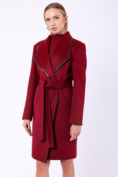 Leather Club Kırmızı Hakiki Deri Biyeli Kaşmir Kaban