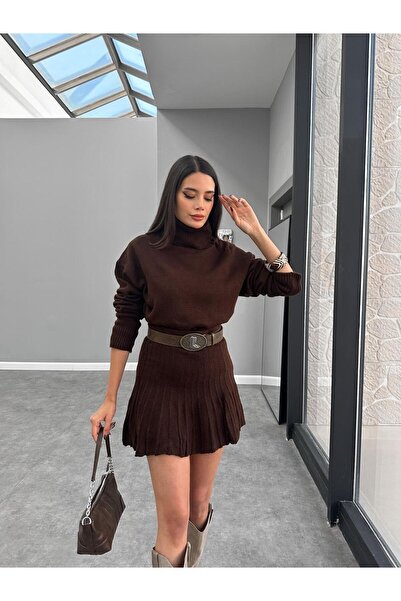 POİNE Women's Premium High Neck Sweater and Mini Skirt Knitwear Set