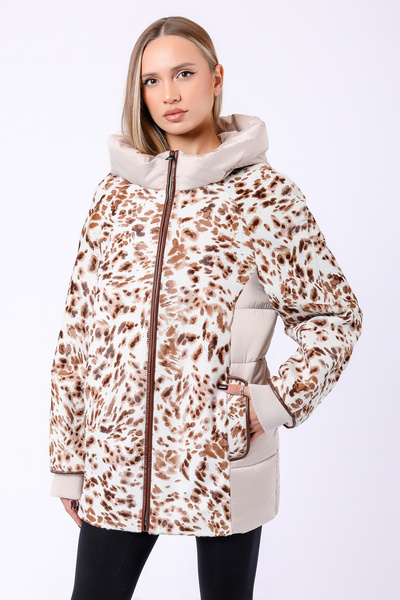 Leather Club Bej Leopar Garnili Hakiki Deri Puffer Kaban