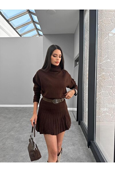 POİNE Women's Premium High Neck Sweater and Mini Skirt Knitwear Set