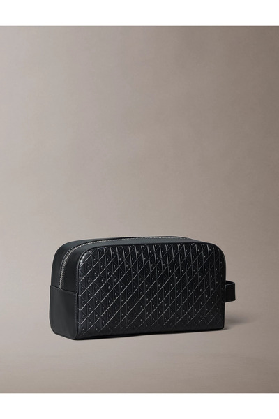 Calvin Klein Men's Leather Ck Embossed Monogram Letter Detail Wide Short Handle Black Handbag Lv04D1146G-Ub1