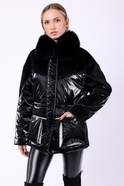 Leather Club Siyah Fox Aksesuarlı Yün Garnili Puffer Kaban