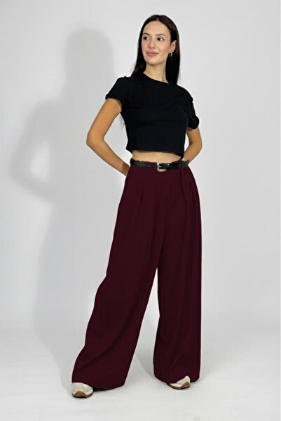 Betimoda Women's Pleated Belted Pocketed Palazzo Pants Claret Red