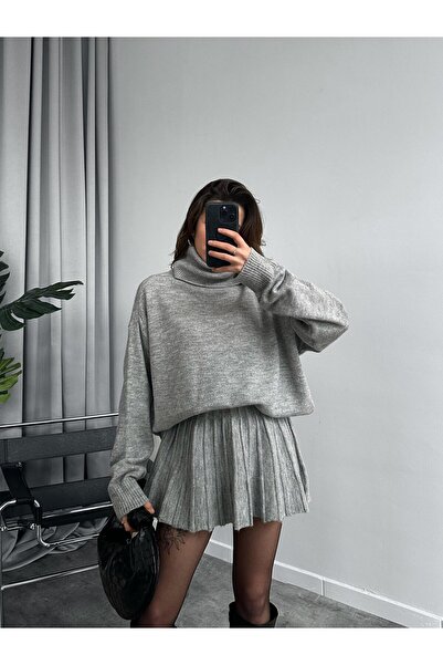 POİNE Women's Premium High Neck Sweater and Mini Skirt Knitwear Set