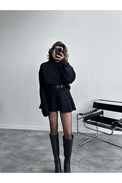 POİNE Women's Premium High Neck Sweater and Mini Skirt Knitwear Set