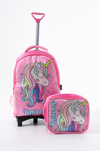 Sona Park Glitter Unicorn Elementary School Bag Set – Fixed Roller, Folding Front Leg, with Lunch Box