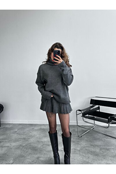 POİNE Women's Premium High Neck Sweater and Mini Skirt Knitwear Set