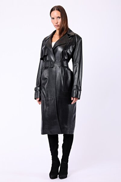 Leather Club Siyah Hakiki Deri Trench Kaban