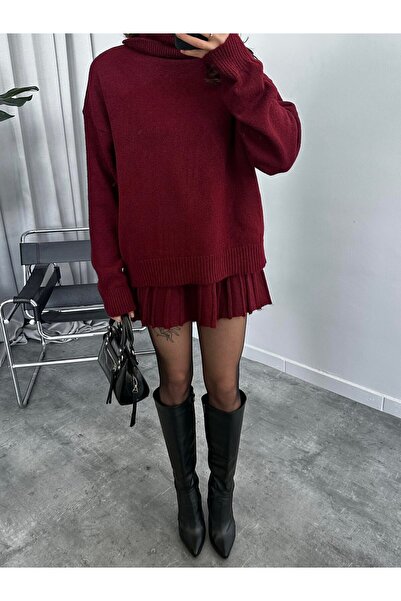 POİNE Women's Premium High Neck Sweater and Mini Skirt Knitwear Set