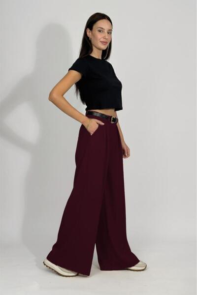 Betimoda Women's Pleated Belted Pocketed Palazzo Pants Claret Red