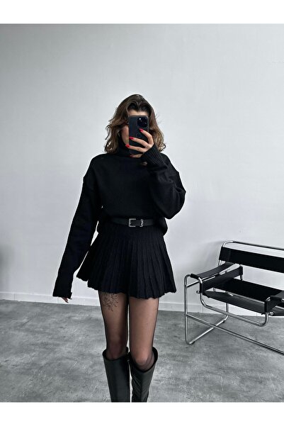 POİNE Women's Premium High Neck Sweater and Mini Skirt Knitwear Set