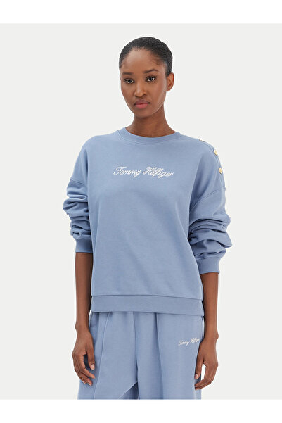 Tommy Hilfiger Kadın Pamuklu Bisiklet Yaka Uzun Kollu Açık Mavi Sweatshirt WW...