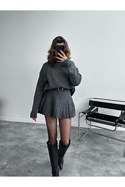 POİNE Women's Premium High Neck Sweater and Mini Skirt Knitwear Set