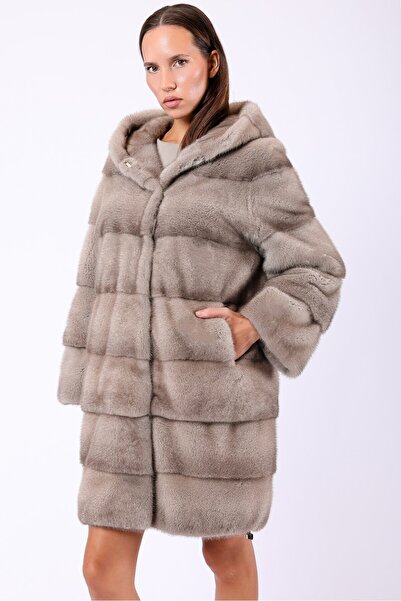 Leather Club Naturel Bej Kapüşonlu Hakiki Mink Kürk Kaban