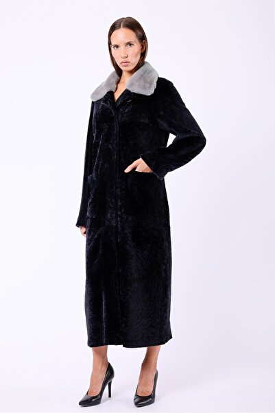 Leather Club Lacivert Rex Kürk Aksesuarlı Çift Taraflı Hakiki Astragan Kaban