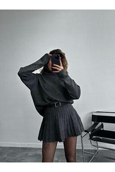 POİNE Women's Premium High Neck Sweater and Mini Skirt Knitwear Set