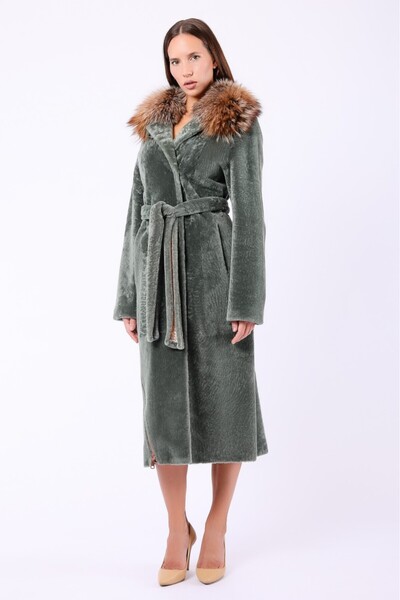 Leather Club Yeşil Çift Taraflı Gold Fox Aksesuarlı Hakiki Astragan Kürk Kaban