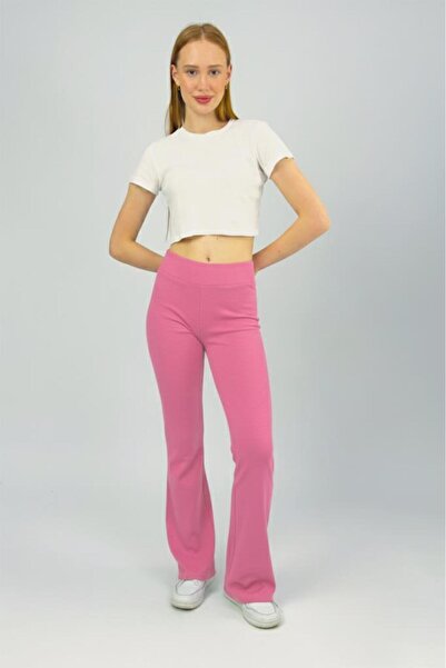 Betimoda Women's High Waist Stretch Fabric Stretchy Flared Pants Leggings Pink