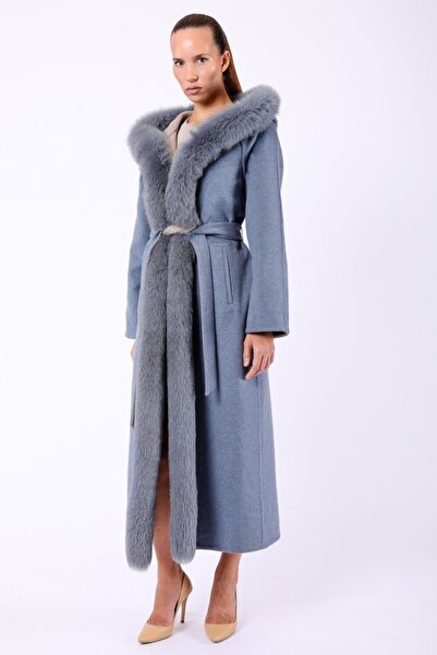 Leather Club Okyanus Mavi Fox Kürk Garnili Alpaka Yün Kaban