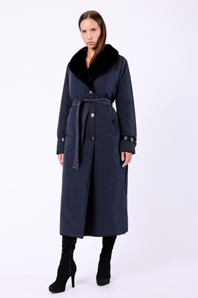 Leather Club Lacivert Vizon Kürk Aksesuarlı Puffer Kaban