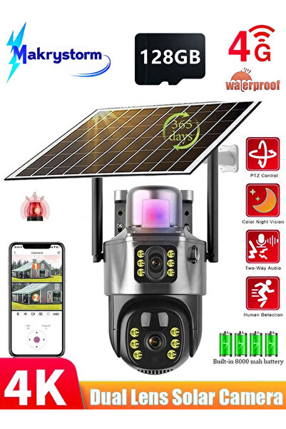 Makrystorm 4K 8MP Solar Camera 4G Sim PTZ Cameras Outdoor Dual Lens IP Camara (With 128GB SD Card)
