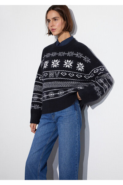 Mavi New Year's Themed Navy Blue Sweater Oversized / Wide Cut 1710804-84371