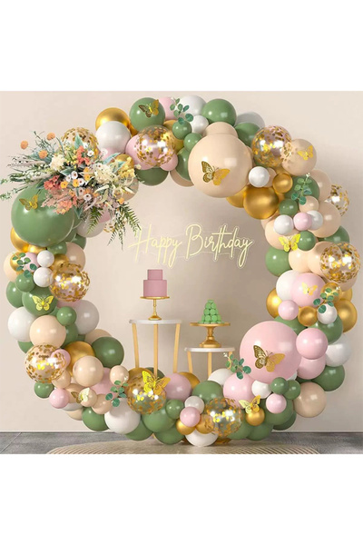 Generic طقم قوس جارلاند بالونات لاتكس خضراء وبيضاء معدنية مع مجموعة فراشات لح...