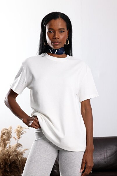 5in1Canpolat Ecru Crew Neck Oversized T-Shirt 4031