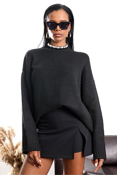 5in1Canpolat Black Crew Neck Oversized Sweater 251103