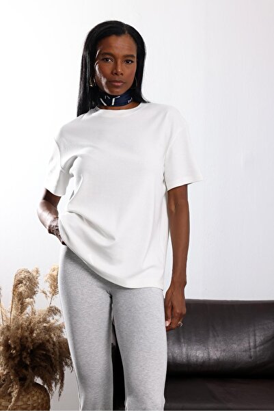 5in1Canpolat Ecru Crew Neck Oversized T-Shirt 4031