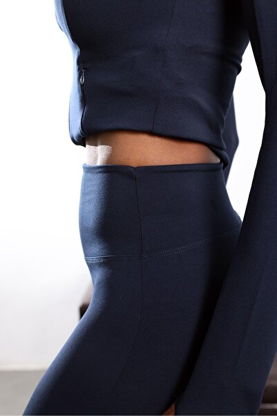 5in1Canpolat Navy Blue Ribbed Knit Belted Leggings Trousers 251161