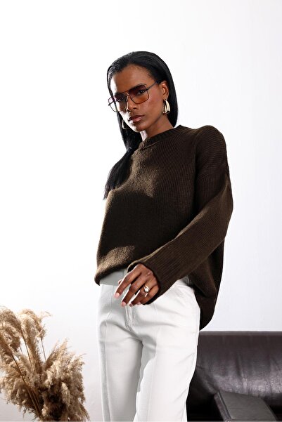 5in1Canpolat Bitter Brown Crew Neck Oversized Sweater 251103