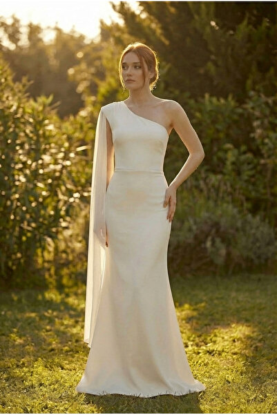 berissima bride Şal Detaylı Balık Nikah Elbisesi, Kırık Beyaz, Vatkalı Tek Omuz, Lucius