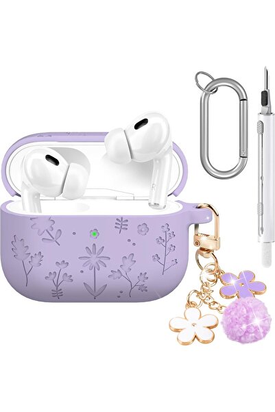 Yelajoy AirPods Pro 3 Case - Cherry Blossom Keychain, Soft Silicone Shockproof Flower Engraved (Purple)
