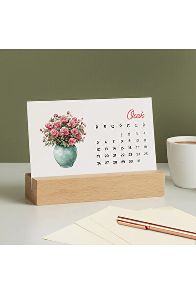bi'aldım Ahşap Ayaklı Çiçekli 2026 Masa Takvimi – Mevsim Çiçekleri İllüstrasyonlu Takvim
