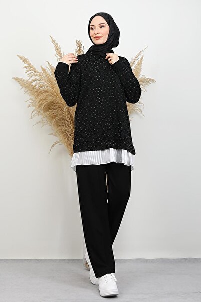 GİYZAMİLA Pleated Detail Glitter Suit Black