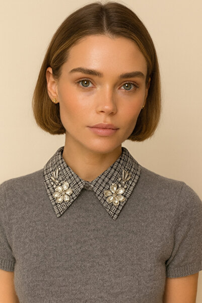 AKSESUARSTOK Kadın Ekose taşlı gömlek yaka