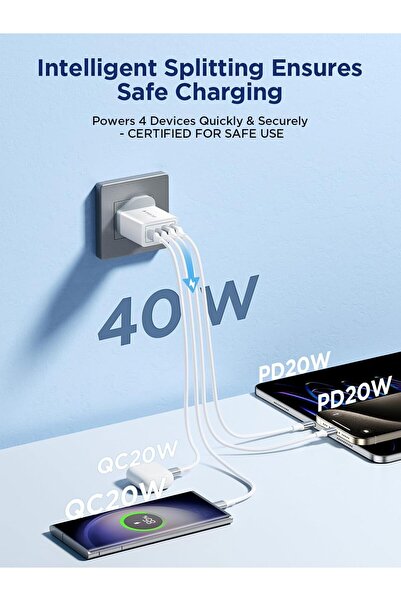 LA' PRECIOUS USB C Charger PD 40W 4-Port Fast Charger (2 USB-C & 2 USB-A) - White