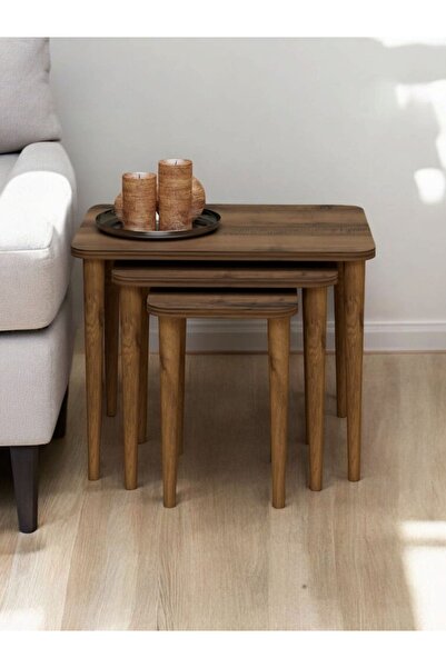 ED PET DİZAYN Zigon Sehpa Ahşap Torna Ayak 3'lü Dekoratif Zigon Sehpa